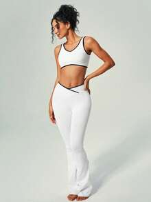 UONNOU High-Waisted Flared Yoga Pants And U-Neck Sports Bra Seamless Workout Set - White - View 6