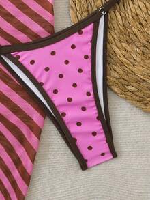 Conjunto de traje de baño de 3 piezas con estilo dulce de lunares rosa y marrón para mujer - Multicolor - Ver 5