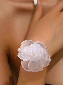 1 pièce Bracelet fleur en dentelle élégant et minimaliste, faux perle, fibre de polyester, convient pour les mariages et les banquets - Blanc - Voir 1