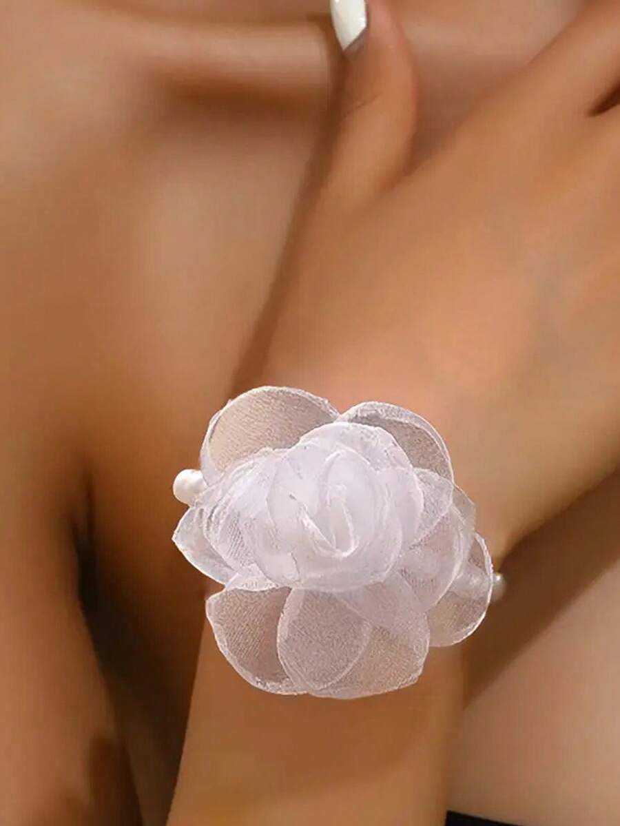1 pièce Bracelet fleur en dentelle élégant et minimaliste, faux perle, fibre de polyester, convient pour les mariages et les banquets - Blanc - Voir 1
