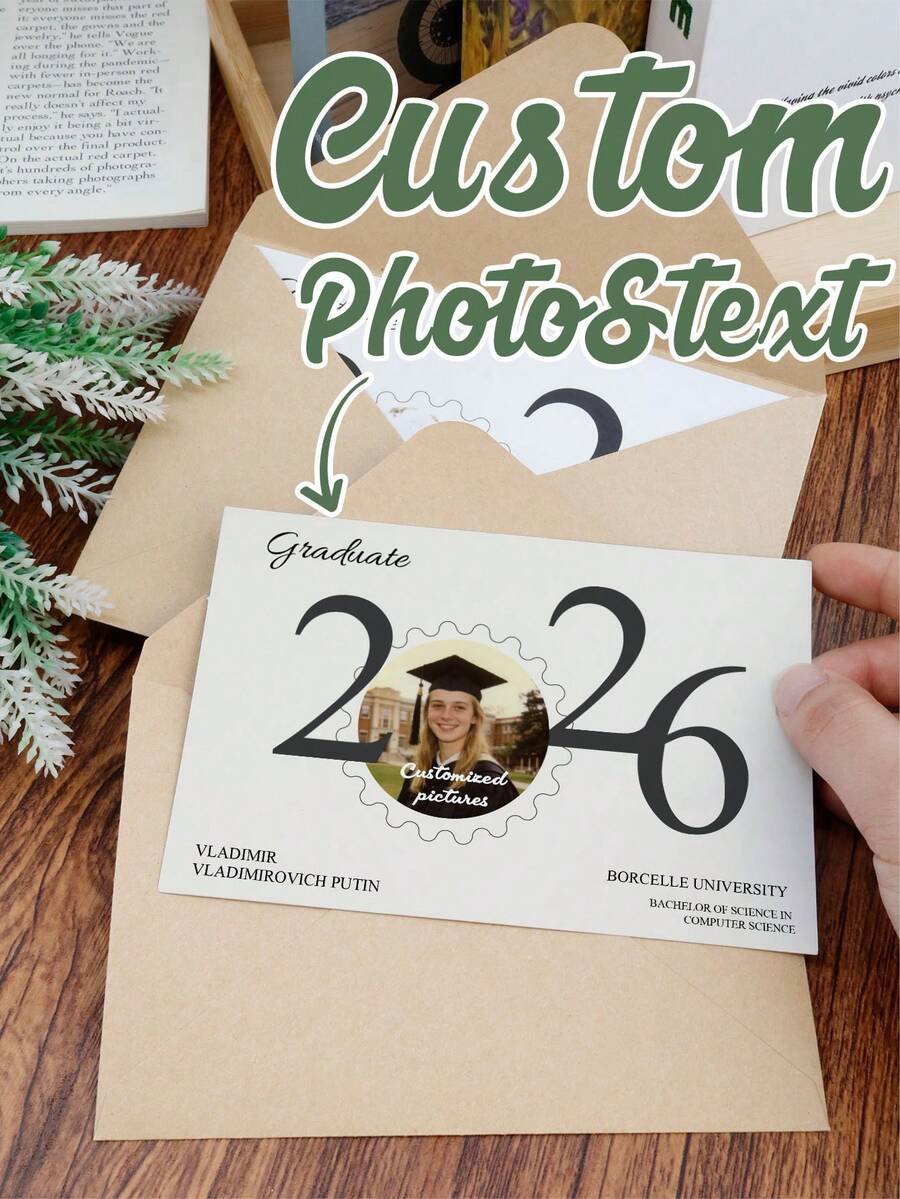 Custom Graduation Card 2026, Personalized Photo Greeting Card, Minimalist Modern Style With Name & Message For Graduation Party Ceremony, Customized Text Keepsake Gift For Family Friends Classmates, Customizable Picture Card With Envelope - Style a - View 1