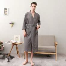 1pc Textured Bathrobe, Unisex Adult Bathrobe, Spring/Summer Bathrobe, Suitable For B&B, Hotel And Spa, Highly Absorbent, Quick-Drying, Loose Fit, Multiple Colors Available, Bathroom Supplies, Home Decor - Multicolor - View 6