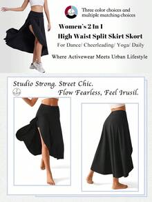 Falda deportiva de cintura alta con abertura y shorts interiores con bolsillo, ligera y elástica, adecuada para ropa deportiva - Falda deportiva casual de unicolor negro para verano - Negro - Ver 4
