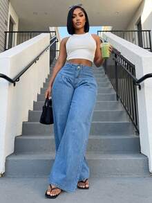Women's Vintage Wide Leg Denim Pants, Casual Style - 中等水洗藍 - 查看 3