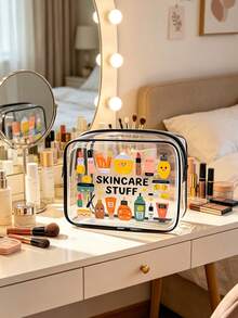 "Skincare Stuff" 字母印花 PVC 洗漱包，PVC 旅行收納袋附拉鍊開關，化妝包，便攜式化妝箱，適合母親、老師、朋友、護士，化妝袋，學校假期返校必備用品 - 彩色 - 查看 2