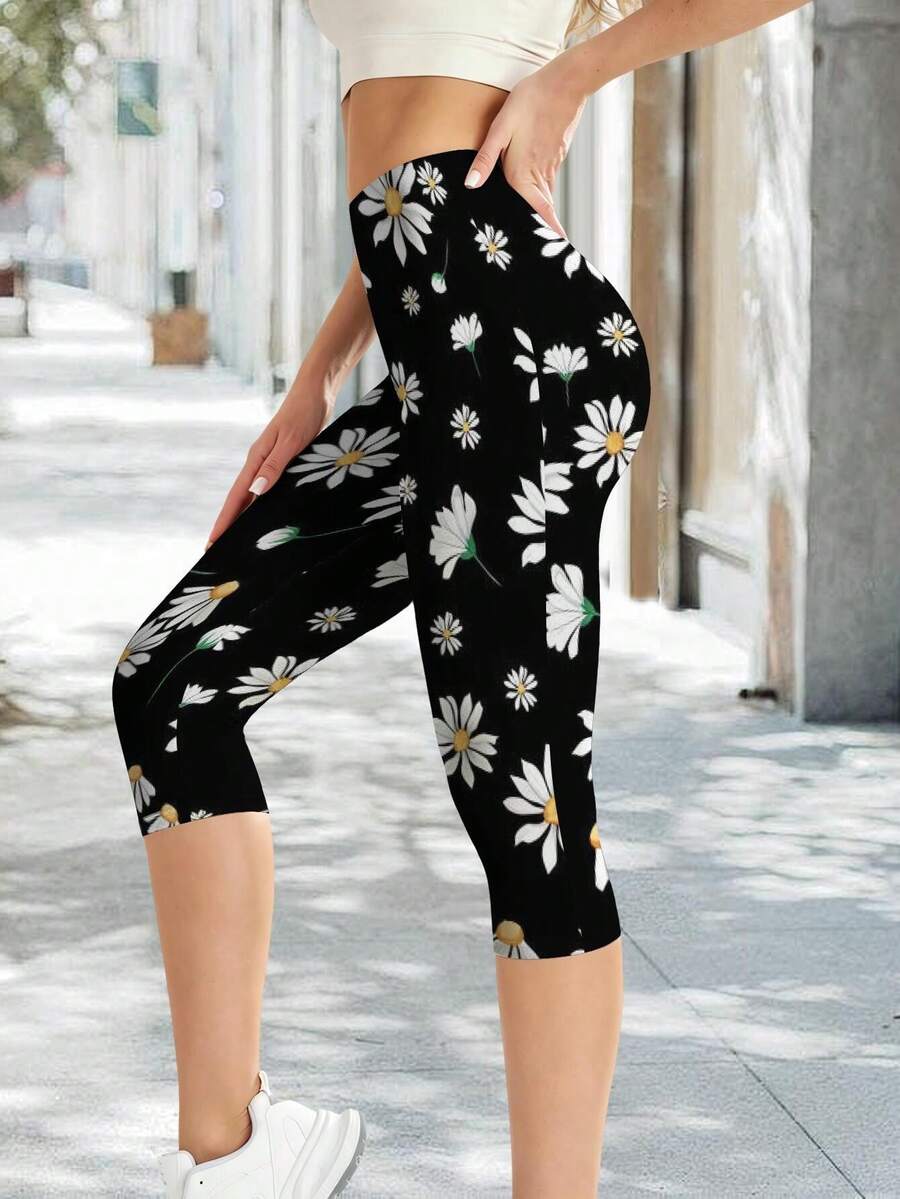 Women's Summer Casual Lounge Capri Pants Black Daisy Print Floral Printed Casual Yoga Capri Pants For Leisure Sports Casual Outdoors - 彩色 - 查看 1