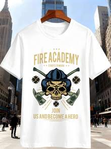 Men's T-Shirt With Firefighter Skull Motif, 100% Cotton, Street Hip-Hop Style, Comfortable, Durable, Eye-Catching Print - White - View 1