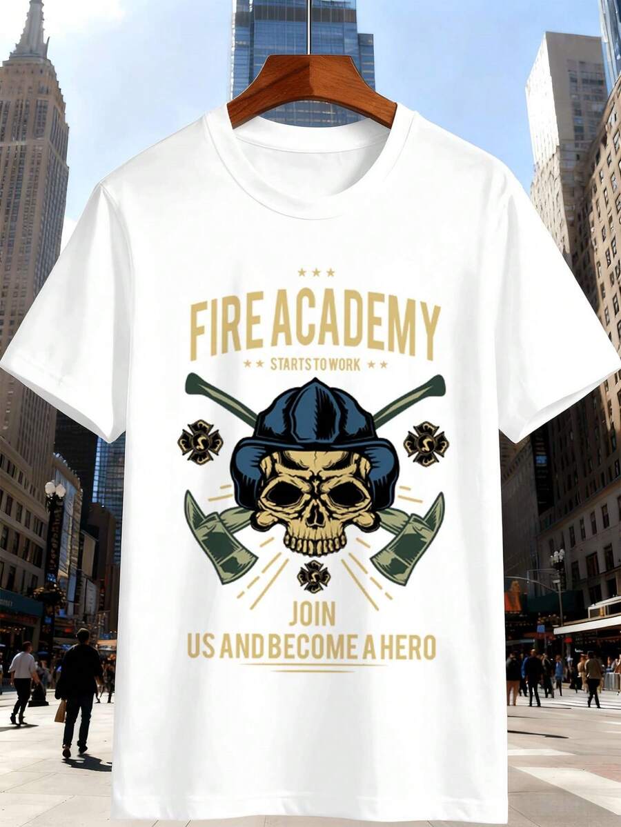 Men's T-Shirt With Firefighter Skull Motif, 100% Cotton, Street Hip-Hop Style, Comfortable, Durable, Eye-Catching Print - White - View 1