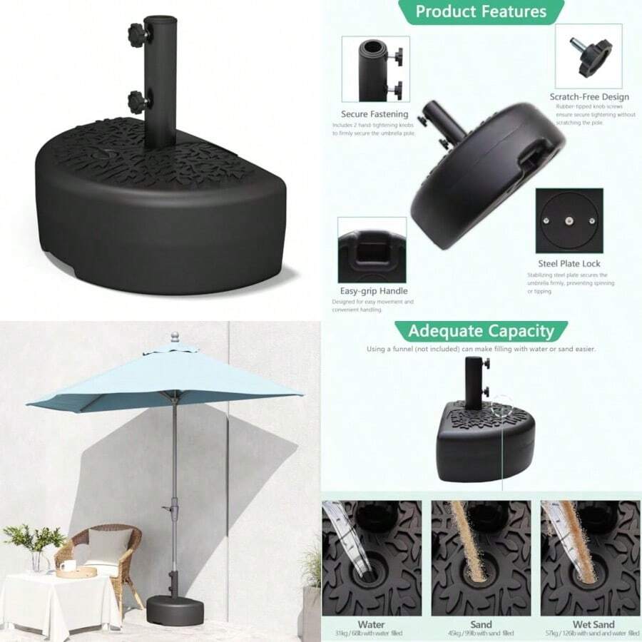 HeliosandHestia - Base de paraguas de 120 libras resistente y media redonda relleno de agua y arena para exteriores peso para patio mercado sombrilla de mesa color negro - 126 libras - Ver 1