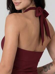 Women's Halter Neck Blouse With Asymmetrical High Neck And Elastane In Polyamide - Burgundy - View 2