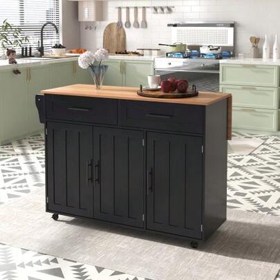 129x46(71)X91.5cm Schwarzer Large Esszimmerwagen, Sideboard, Arbeitsplatte Aus Massivem Holz, Klappbare Arbeitsplatte, Stauraumtür, Rollen-/Massivholzfüße, Für Den Hausgebrauch Geeignet.