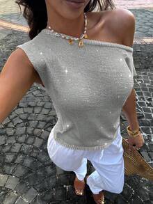 Women's Casual Elegant Shiny Sparkly One Shoulder Knitted Sweater Tank Top Old Money Style Vacation Holiday Summer - Silver - View 8