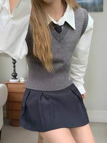 女士秋冬学院风刺绣下摆套头背心 - 深灰色 - 查看 4