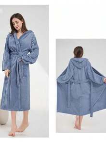 Hooded Coral Fleece Bathrobe For Women, Autumn/Winter, Thick Warm Absorbent Loungewear, Long Style... Soothing Color, Fleece Lined Hooded Bathrobe, No More Chills After Shower - White - View 2