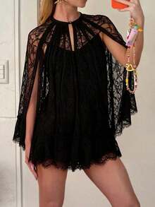 Omen's Coquette Lace Cape Mini Dress, Sheer Ruffle Hem Cover-Up For Wedding  Beach - màu đen - Xem 5
