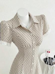 Nuevo vestido corto elegante de lunares primavera-verano 2026 para mujer, cuello de solapa, mangas cortas abullonadas con encaje, botones frontales y cintura entallada.Ideal para verano, Navidad y celebraciones de año nuevo. - Rojo 2 - Ver 10