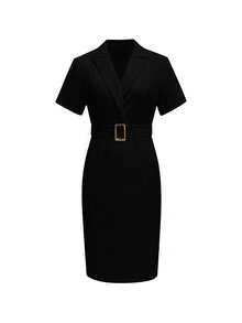 1pc Elegant Solid Color Waist Belt Design Woven Fabric Fitted Dress, Women's Graceful Dress, Summer Dress, Women's Fashionable Outfit, Spring/Summer Black - Black - View 5