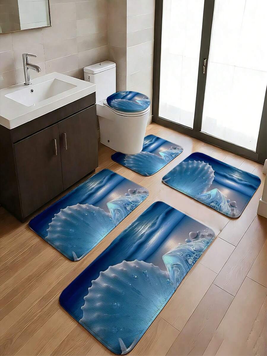 1/3/5件組深綠色睡蓮禪風浴室地墊套組，新中式水墨花卉地毯，柔軟吸水、防滑耐磨浴室配件組－法蘭絨＋記憶棉＋Pong浴室地板墊－可機洗