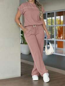 Conjunto de 2 piezas de top de manga corta de cuello redondo y pantalones rectos de cintura alta de unicolor minimalista para mujer, primavera/verano - raíz de loto rosa 13 - Ver 2