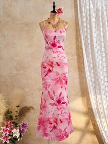 新款女士花卉数码印花垂褶领连衣裙，性感深V领收腰度假长裙 - 粉色 - 查看 5
