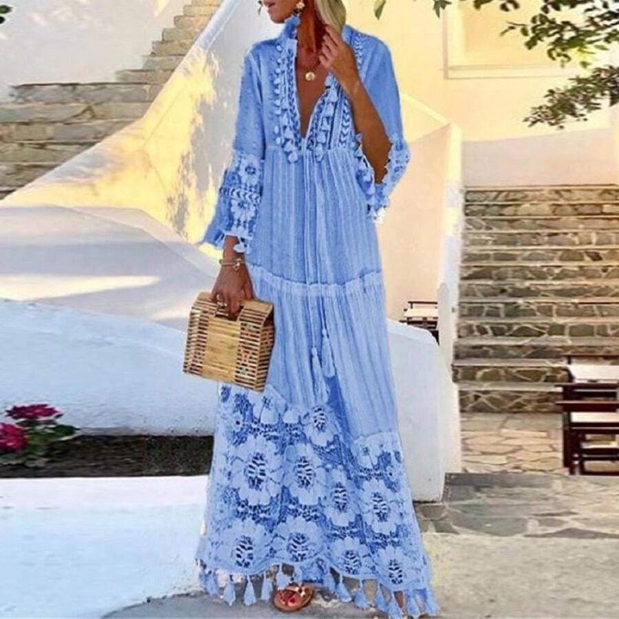 New Spring And Summer 2026 Long Beach Vacation Dress With A Bohemian Style, Featuring Lace And Tassel Splicing, Exuding Elegance. - Màu xanh lam - Xem 1