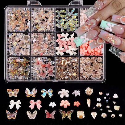 Popular Resin Bowknot Ribbon, ABS Irregular Pearl, Heart, Five-Pointed Star Nail Art Decoration Set