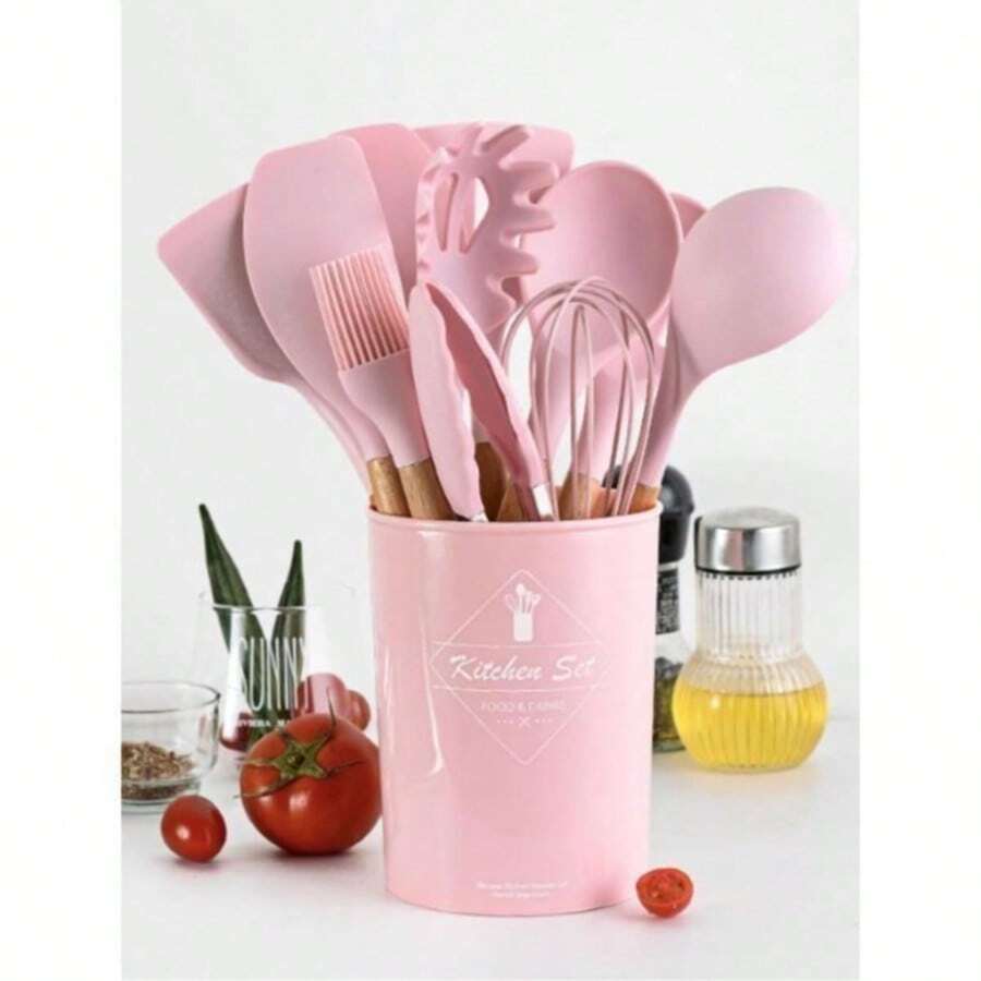 12pcs Silicone Cooking Utensil Set, Simple Wooden Handle Multi-Purpose Kitchen Gadget Tool Set For Kitchen - Baby Pink - View 1