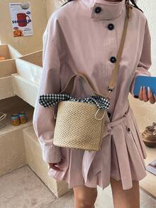 迷你度假沙滩包，草编单肩斜挎包，新款女士抽绳水桶包 - 米色 - 查看 4