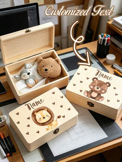 Caja de recuerdos de madera personalizada, cajas de memoria con estampado de animales lindos con nombre personalizado, caja de almacenamiento, caja decorativa, caja del tesoro cuidadosamente elaborada, regalo de cumpleaños, regalo de ducha, decoración de habitación
