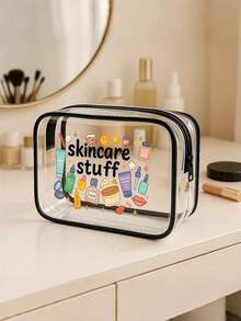 "Skincare Stuff" 字母印花 PVC 洗漱包，PVC 旅行收納袋附拉鍊開關，化妝包，便攜式化妝箱，適合母親、老師、朋友、護士，化妝袋，學校假期返校必備用品 - 彩色 - 查看 4