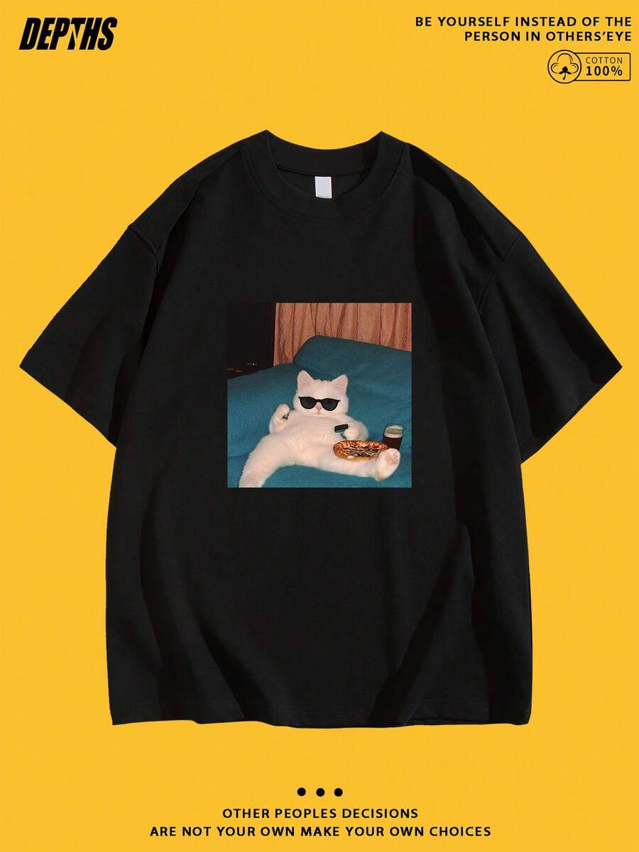 New Summer 2026 Collection, Cartoon Fun Creative Pattern Round-Neck T-Shirt, Pure Cotton Summer Fashion Short Sleeve, Casual Everyday Outing Style Top, 100% Cotton, Sizes S–7XL, Ships Within 24 Hours - màu đen - Xem 1