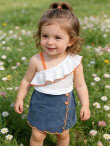 女婴时尚休闲可爱套装，时尚单肩荷叶领背心 + 时尚橙色刺绣牛仔短裙 - 白色 - 查看 3