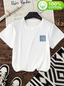 Áo thun nữ cổ tròn tay ngắn bằng chất liệu cotton nguyên chất, kiểu dáng thoải mái, dễ mặc. In chữ tiếng Anh và họa tiết sọc, phù hợp cho đi làm, đi học và những buổi đi chơi thường ngày vào mùa xuân, hè và thu. Màu trắng. - trắng - Xem 4
