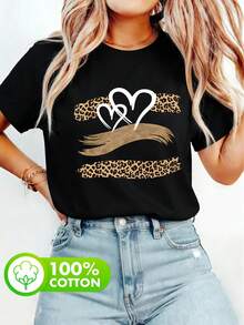 Áo thun nữ cổ tròn tay ngắn bằng cotton nguyên chất, kiểu dáng thời trang, thoải mái. Họa tiết da báo và hình trái tim, phù hợp cho đi làm, đi học và những buổi đi chơi thường ngày vào mùa xuân, hè và thu. Màu đen. - màu đen - Xem 1