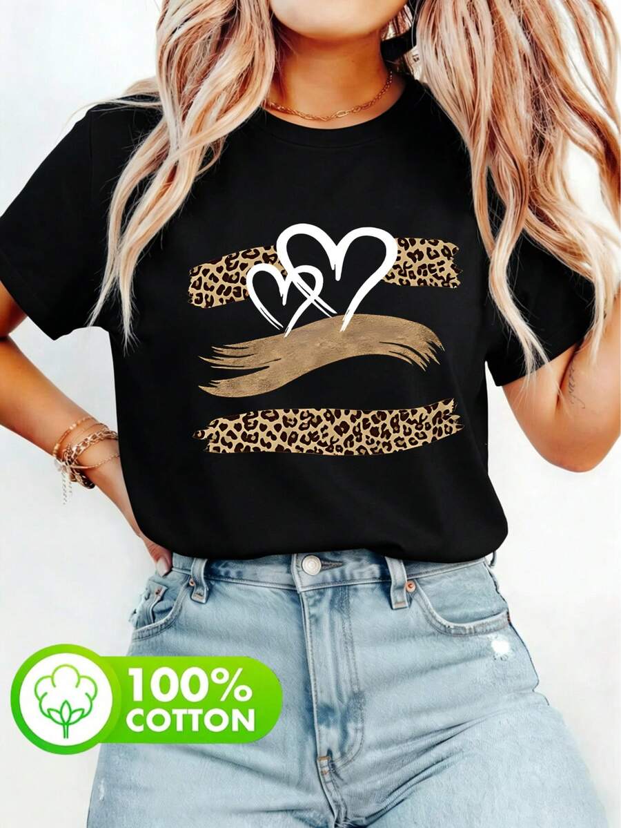Áo thun nữ cổ tròn tay ngắn bằng cotton nguyên chất, kiểu dáng thời trang, thoải mái. Họa tiết da báo và hình trái tim, phù hợp cho đi làm, đi học và những buổi đi chơi thường ngày vào mùa xuân, hè và thu. Màu đen. - màu đen - Xem 1