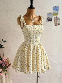 Nuevo vestido mini de línea A con cordones, estilo dulce y lindo, bohemio, romántico con estampado floral, para vacaciones, fiesta, cita, San Valentín, Pascua, carnaval, té de la tarde, playa, crucero, vacaciones en la ciudad - Multicolor - Ver 4