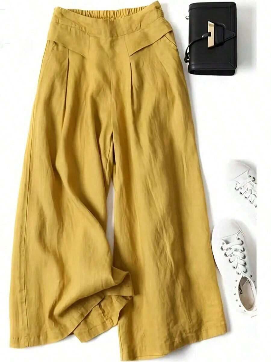 Pantalones anchos de primavera para mujer de unicolor, con bolsillo delantero decorado y estilo casual - Amarillo - Ver 1