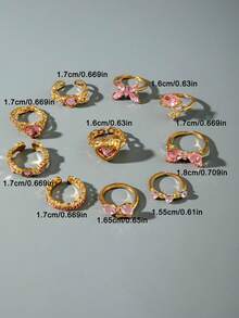 10pcs/Set Y2K Style Zinc Alloy Pink Rhinestone Heart & Bow Knot Open Ring Set, Jewelry Gift Suitable For Women Daily & Date - Multicolor - View 10