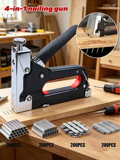 Súng bắn đinh đa năng 4 trong 1 - Chất liệu thép carbon bền bỉ, bán tự động, rất phù hợp cho trang trí nhà cửa, cắm trại và sử dụng công nghiệp, dụng cụ cầm tay chế biến gỗ di động, không cần pin, đinh ghim điều chỉnh được, vật dụng thiết yếu trong gia đình.