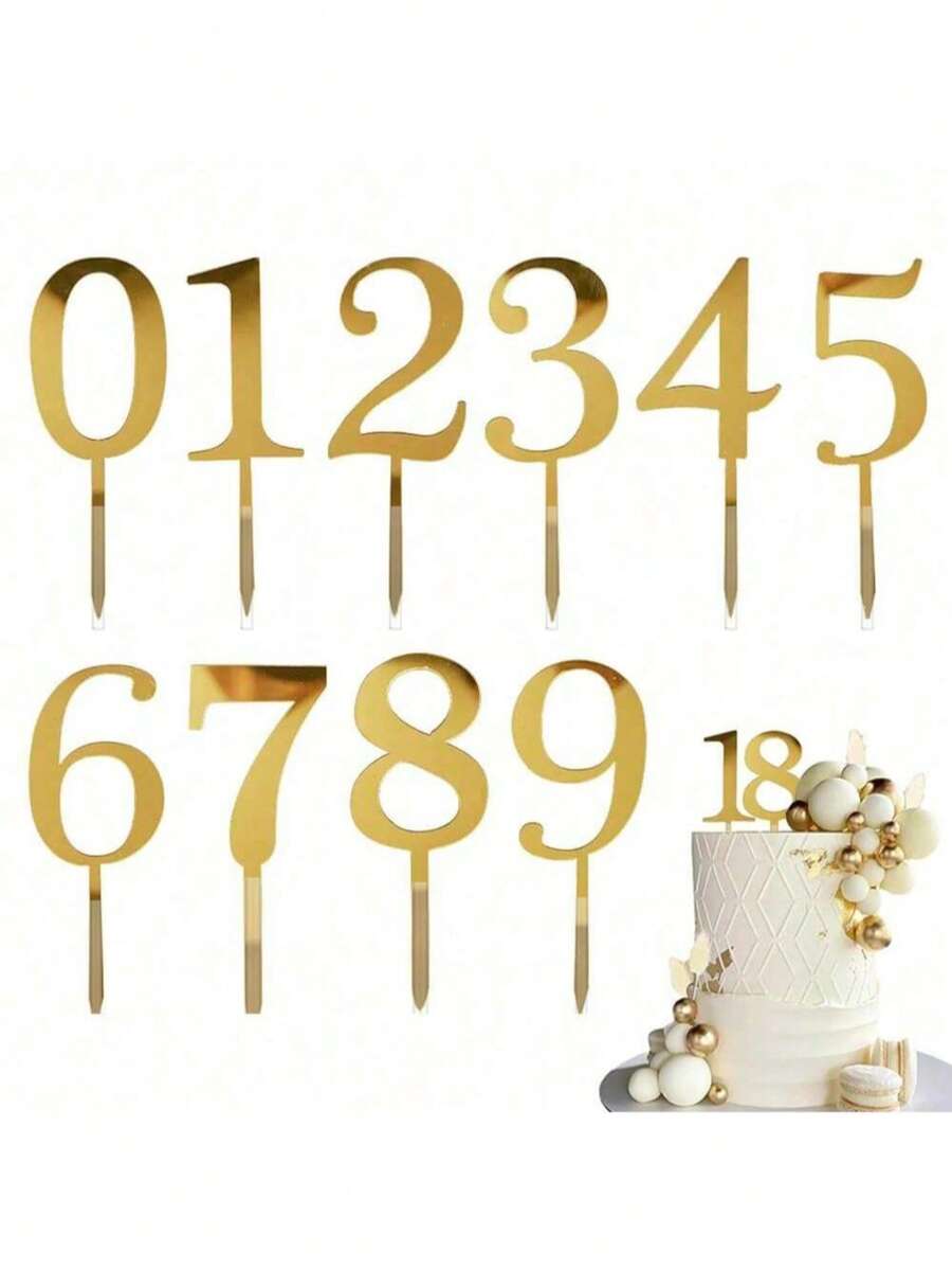 1pc/10pcs 0-9 Years Old Birthday Cake Topper Picks, Gold Color, Wedding, Children's Birthday Party Cake Decoration, Baby Shower - Multicolor - View 1