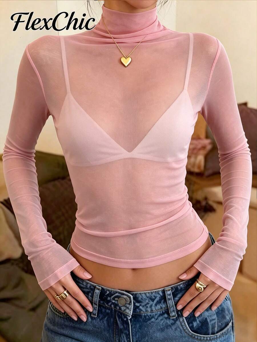 Áo lót nữ cổ cao màu đen mới FLEXCHIC, áo thun dài tay mỏng nhẹ bằng vải lưới xuyên thấu, thích hợp cho mùa xuân và mùa thu.