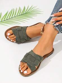 Ximi Ruo Korean Style Casual Flat Slippers, Women's Shoes, Open Toe Sandals For Spring, Summer, Suitable For Dresses, Beach, Apartment, Brown Color - Green - View 2