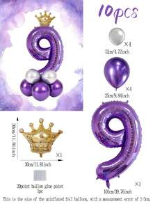 10pcs 40-Inch Purple 0-9 Number Balloons Set, Gold Crown Balloons, Metallic Silver & Purple Latex Balloons, Suitable For Birthday Party, Event Decoration - Multicolor - View 8