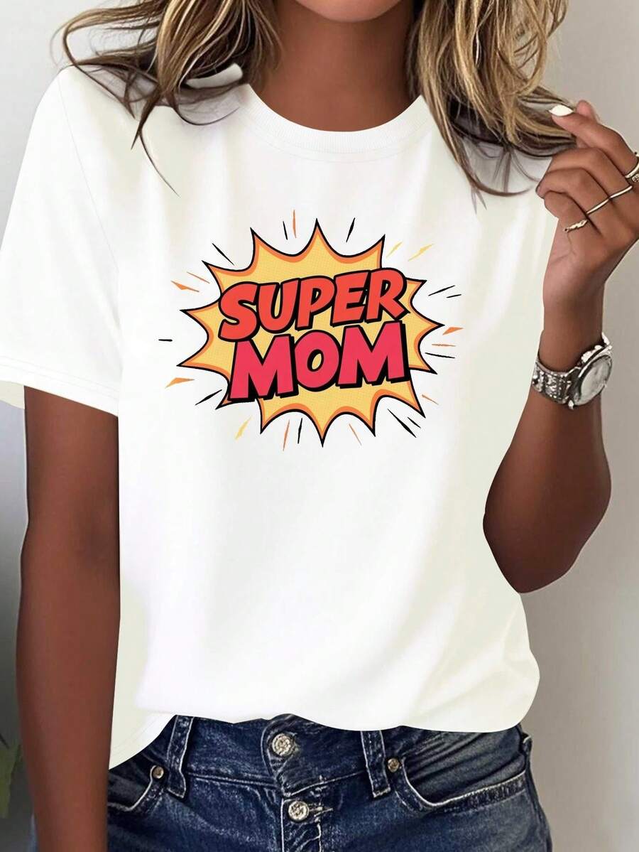 Camiseta cómoda de color sólido para mujer con diseño de caricatura de Mamá - Blanco - Ver 1