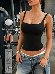 Aoqta Sports 女士夏季休闲纯色吊带背心，无袖露背带胸垫修身运动背心，适合瑜伽、跑步、健身、日常穿着 - 黑色 - 查看 4