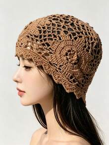 手工镂空针织帽，波西米亚风格，透气轻便，女士款 - 多色 - 查看 7