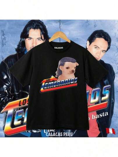 Retrato de perro con texto de Los Temerarios en negro - Estilo casual y sencillo, camiseta% para hombres - Cuello redondo, manga corta, suave y cómoda, impresión de retrato audaz, moda deportiva para todas las temporadas, ropa casual activa camiseta de cuello redondo
