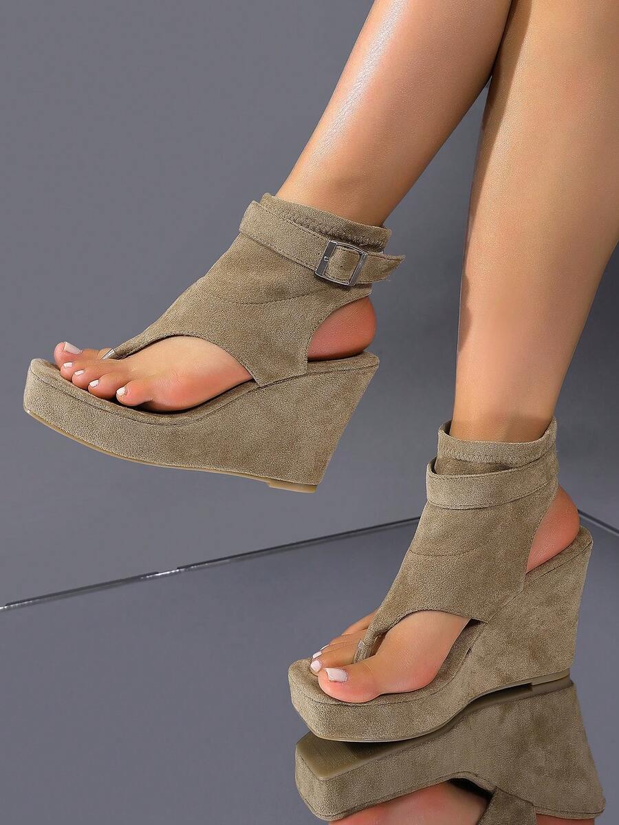 Square Toe Thick Bottom Wedge Sandals For Women, European And American Style Buckle Ankle Boots High Heel, Elevated & Slimming Open Toe Gladiator Sandals - Khaki - View 1