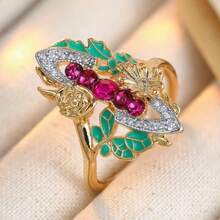 Vintage Gold Enamel Floral Ring, Inlaid Colorful Synthetic Zirconia, Pastoral Style Personalized Ring For Women - Gold - View 10