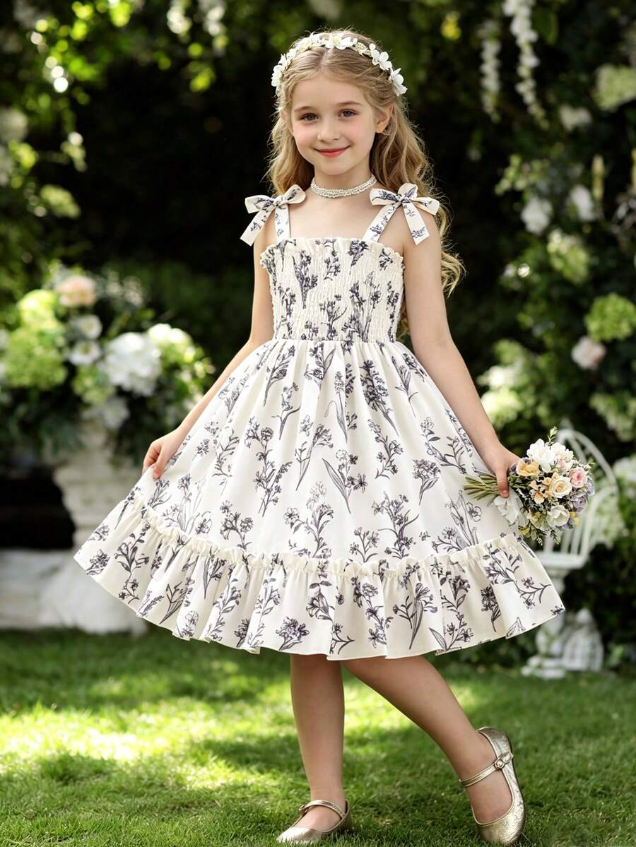 Young Girls Floral Print Sleeveless Dress With Bow Tie And Ruffle Hem, Princess Style Mermaid Dress - Multicolor - View 1